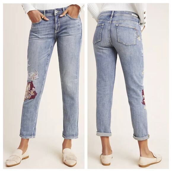 Pilcro Mid Rise Slim Boyfriend Jeans Embroidered Medium Wash Size 28 - Picture 2 of 11